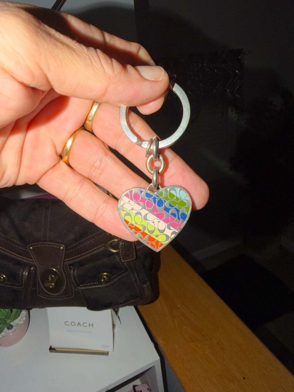 Coach Multicolored Signature Heart Key Ring Silver